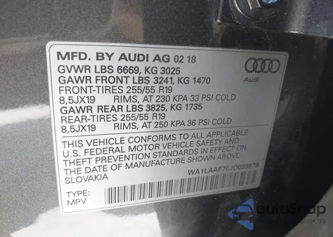 2018 Audi Q7 3.0T Premium z USA, uszkodzony, nr VIN WA1LAAF70JD033878